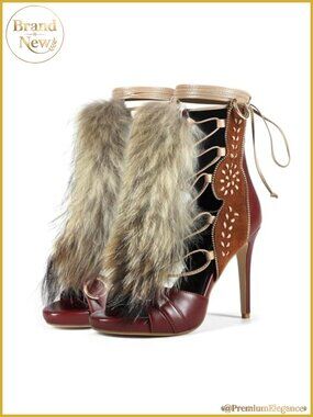 Handmade Stiletto Ankle High Heeled Sandal Bootie, Brown Suede Furry Fuzzy Fur